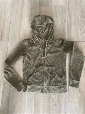 Juicy Couture Olive Green Velour Hoodie with Pink Label